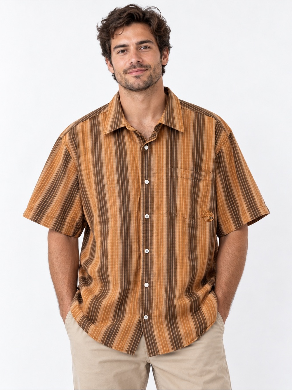Timberland Y2K 2007 Brown Stripe Loose Fit Cotton Shirt Men’s XXL